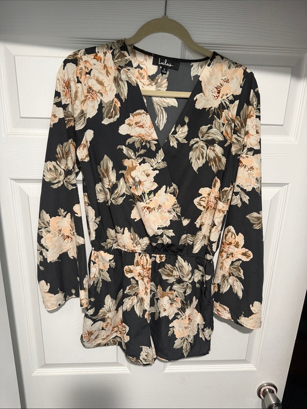 Lulu's Black Floral Wrap-Front Long-Sleeve jumpsuit